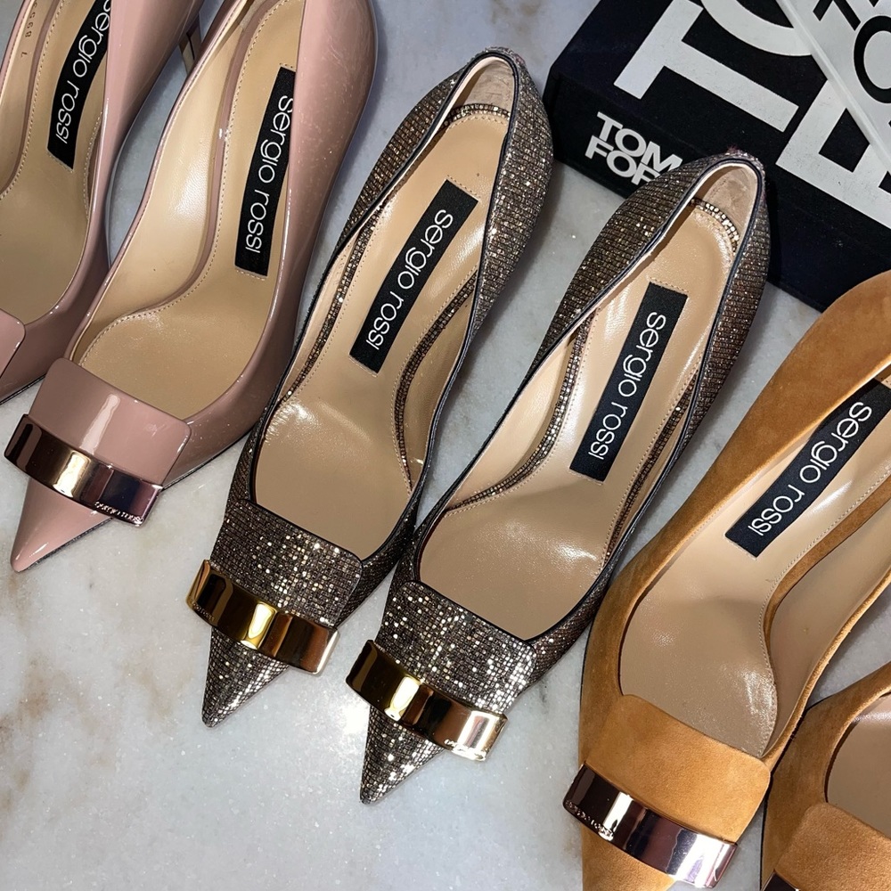 Sergio Rossi SR1 Women's 38.5 Gold Glitter Pointed Toe Pump NIB $750 Work Office